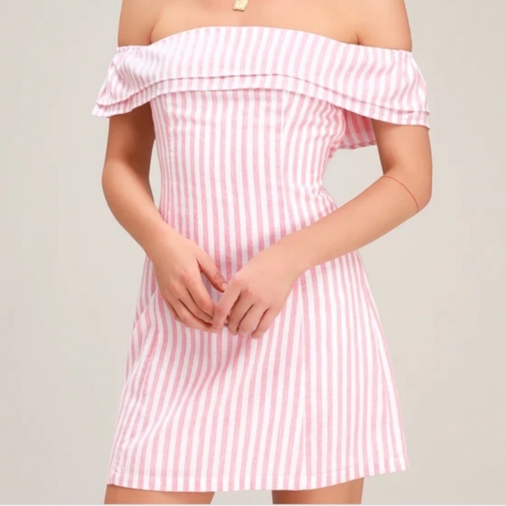 LuLu’s pink stripe off the shoulder mini dress.